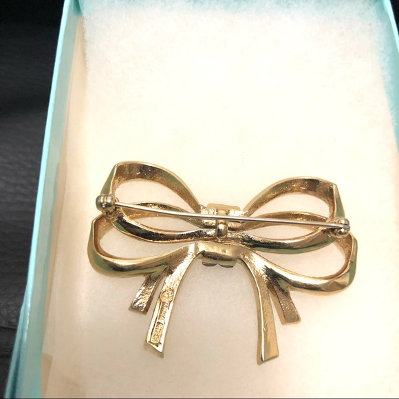 Authentic NINA RICCI Bow Ribbon Blue Stones Gold Brooch Pendant RARE Vintage - Picture 3 of 4